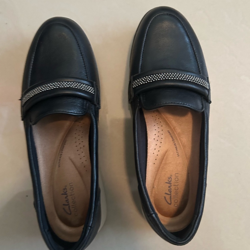 Clarks Black Loafers with Metallic Detail